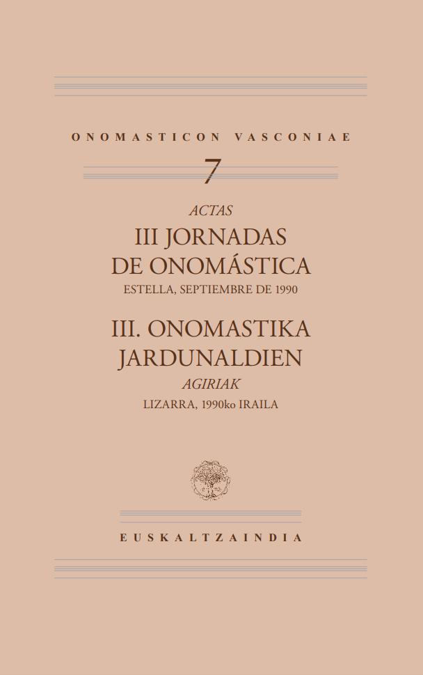 Imagen de portada del libro Actas de las III Jornadas de Onomástica Estella, septiembre de 1990