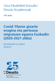 Imagen de portada del libro Covid-19aren gizarte eragina eta pertsona migratuen egoera Euskadin (2020-2021 aldia)