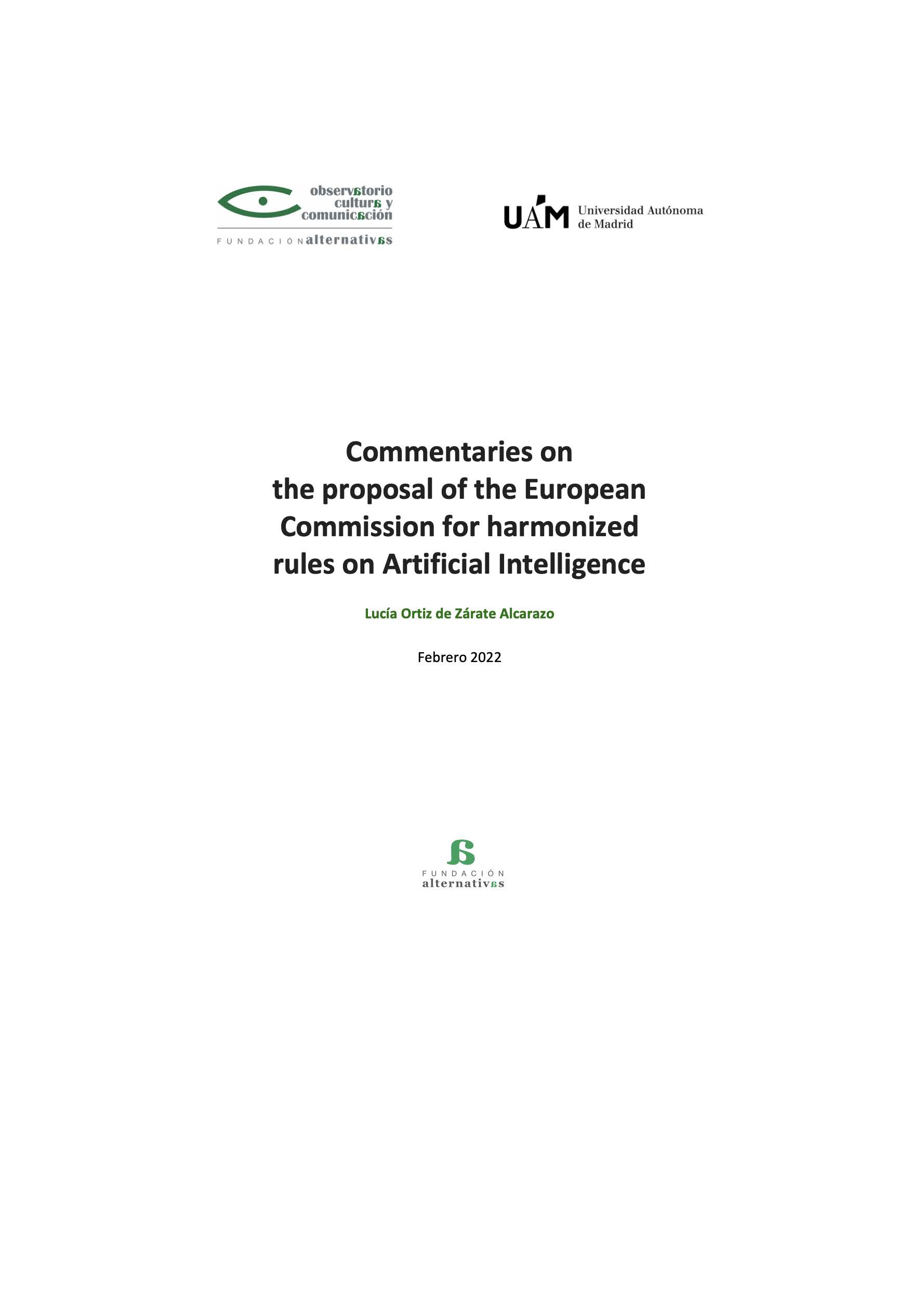 Imagen de portada del libro Commentaries on the proposal of the European Commission for harmonized rules on Artificial Intelligence