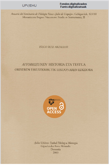 Imagen de portada del libro Aitorkizunen historia eta testua. Orixeren eskuizkributik Lekuonaren edizioa