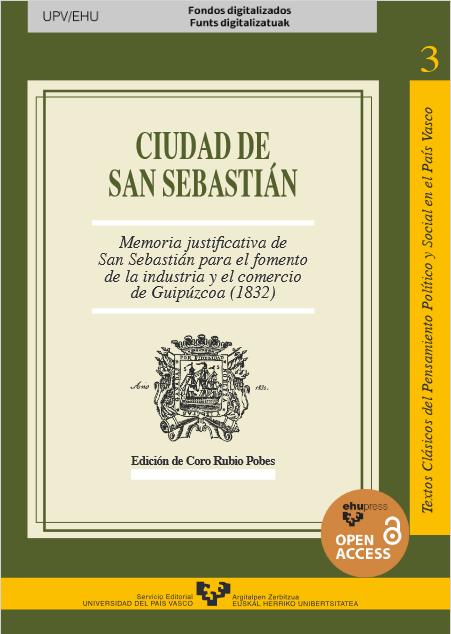 Imagen de portada del libro Ciudad de San Sebastián. Memoria justificativa de San Sebastián para el fomento de la industria y comercio de Guipúzcoa (1832)