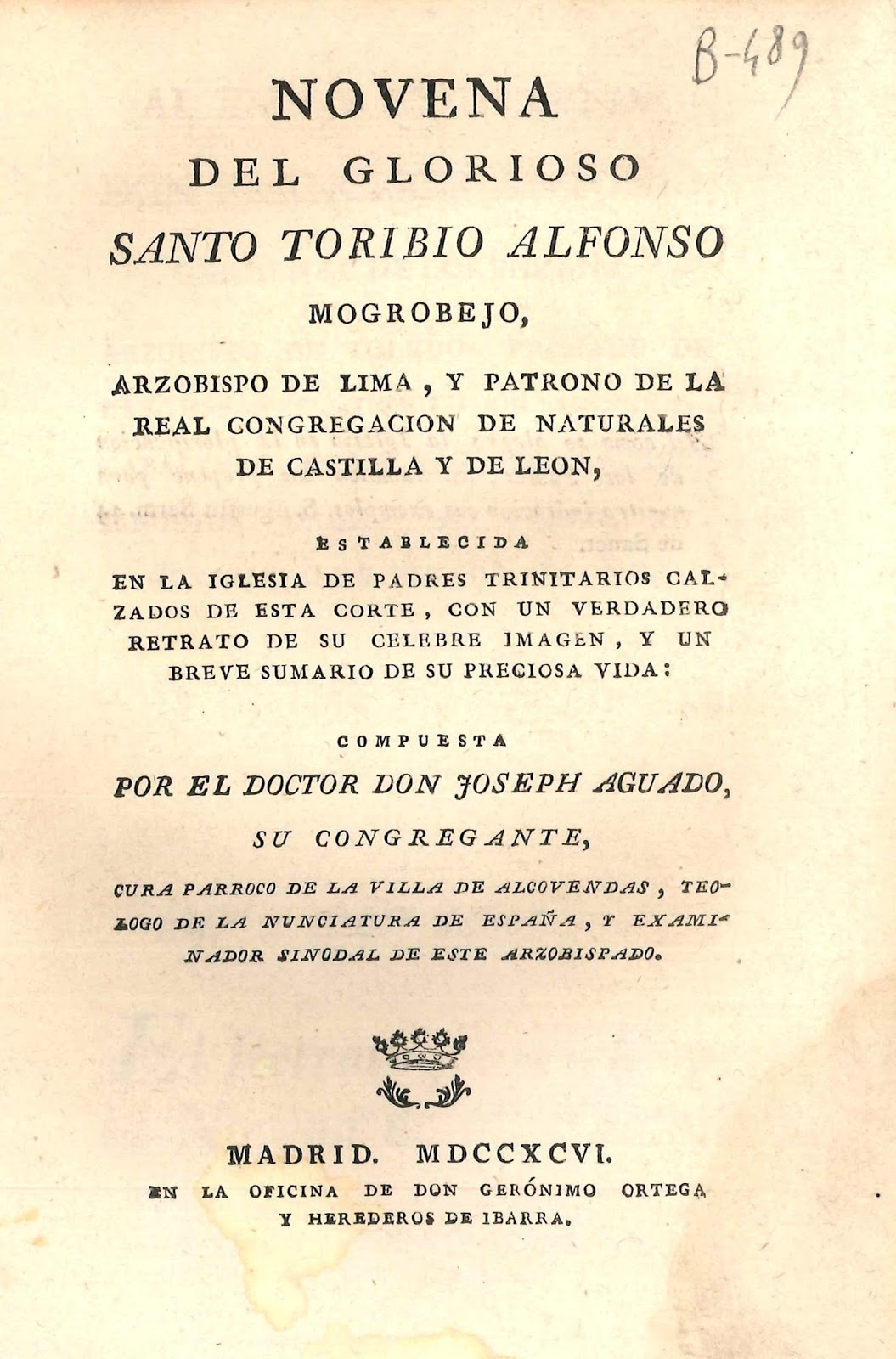 Imagen de portada del libro Novena del glorioso Santo Toribio Alfonso Mogrobejo, arzobispo de Lima, y patrono de la Real Congregación de Naturales de Castilla y de León