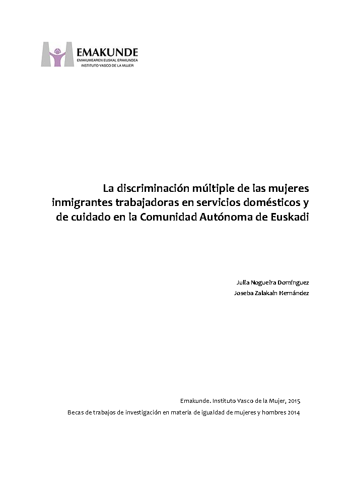 Imagen de portada del libro La discriminación múltiple de las mujeres inmigrantes trabajadoras en servicios domésticos y de cuidado en la Comunidad Autónoma de Euskadi