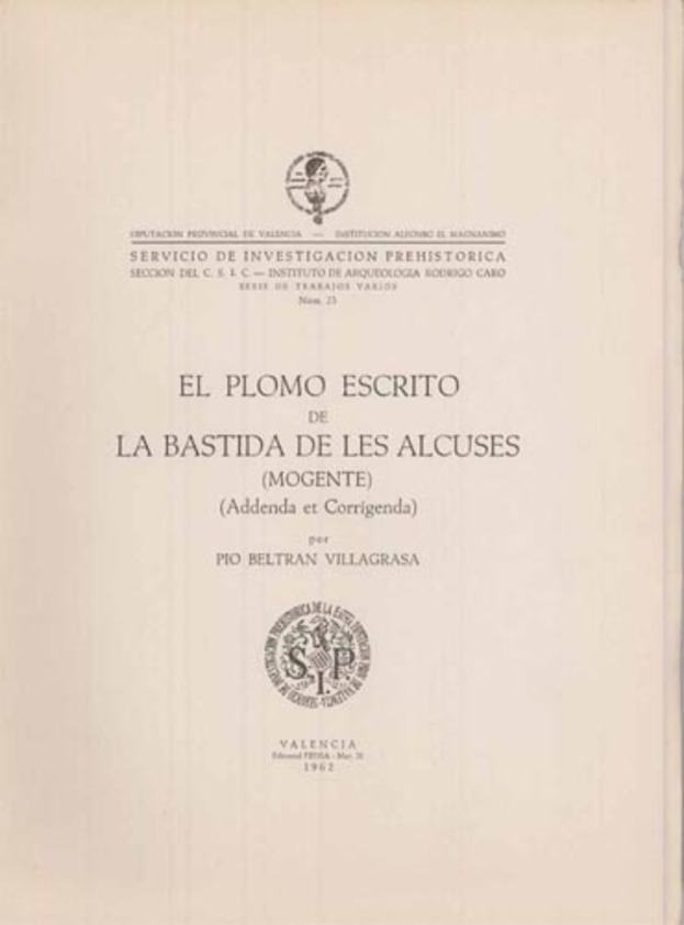 Imagen de portada del libro El plomo escrito de la Bastida de les Alcuses (Mogente)