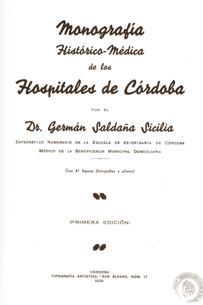 Imagen de portada del libro Monografía histórico-médica de los hospitales de Córdoba