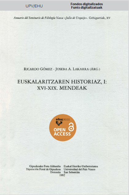 Imagen de portada del libro Euskalaritzaren historiaz. I, XVI-XIX mendeak