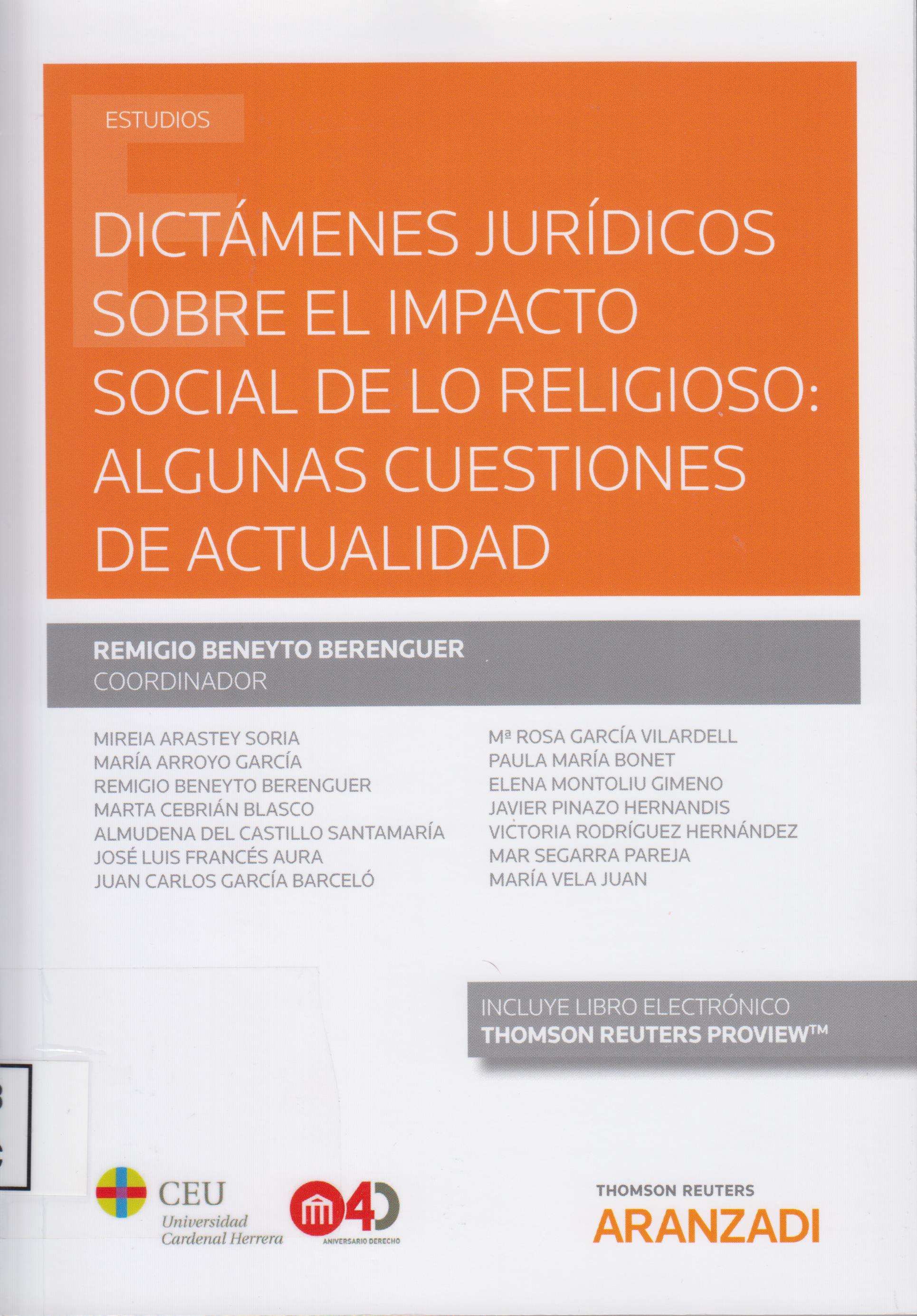 Imagen de portada del libro Dictámenes jurídicos sobre el impacto social de los religioso