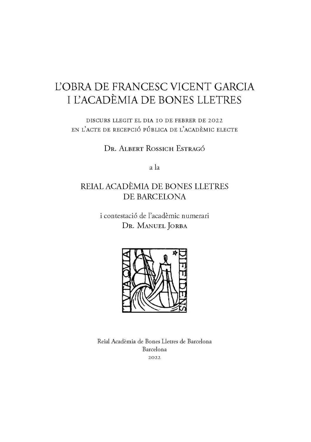 Imagen de portada del libro L’obra de Francesc Vicent Garcia i l’Acadèmia de Bones Lletres